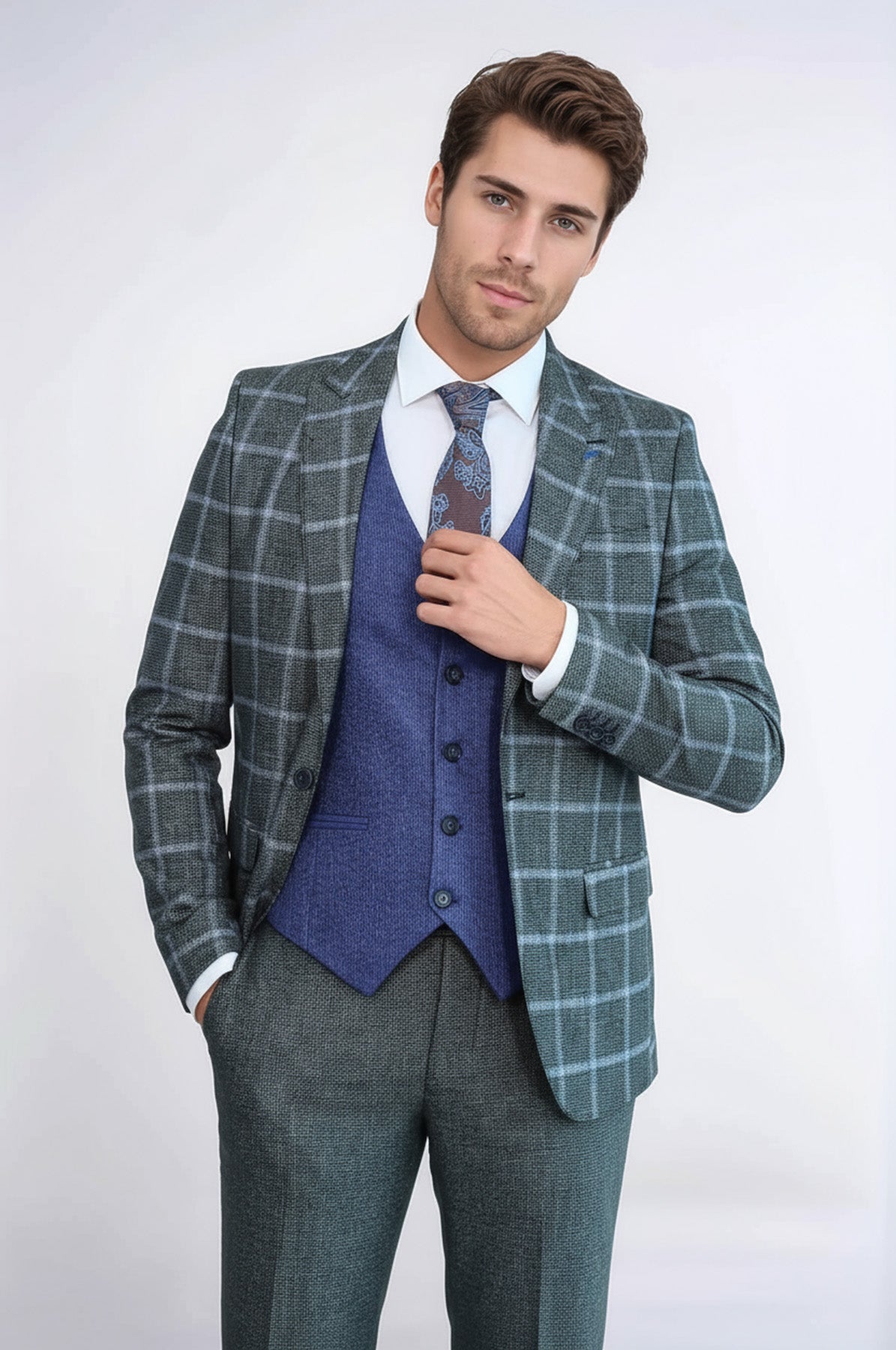 Grey Blue Checked Suit - Wessi