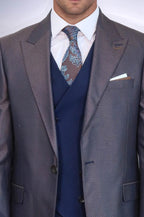 Patterned Navy Blue Brown Men Suit - Wessi