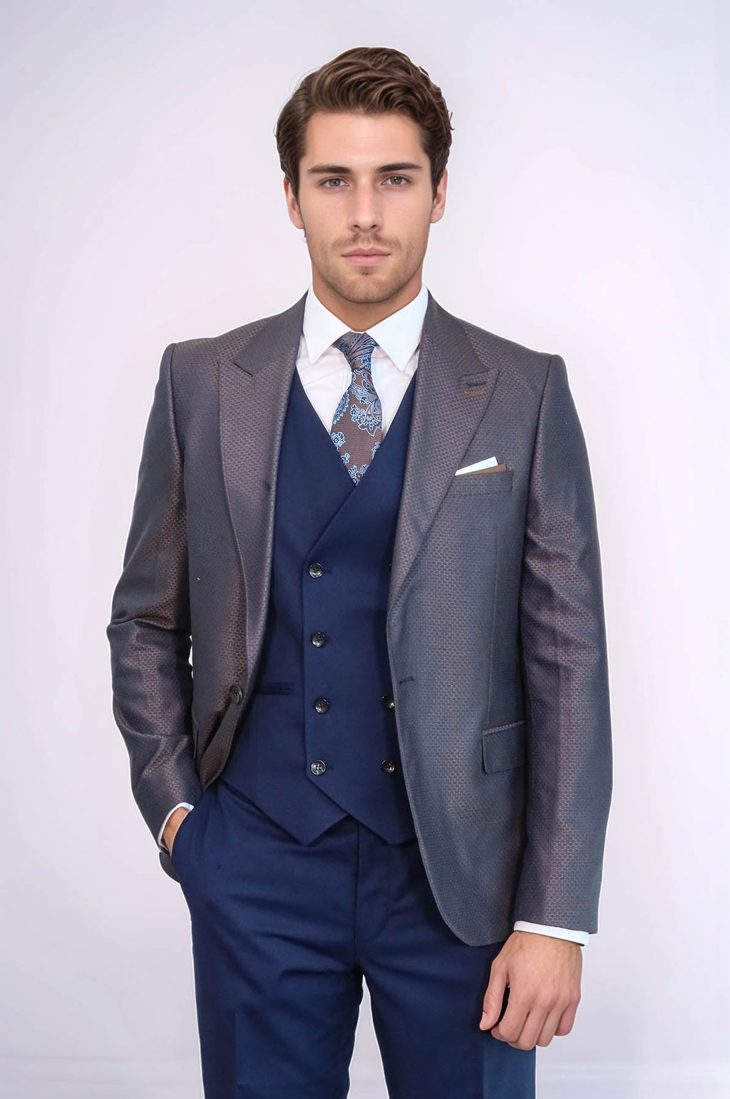 Patterned Navy Blue Brown Men Suit - Wessi