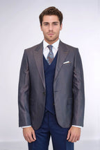 Patterned Navy Blue Brown Men Suit - Wessi