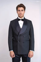 Satin Shawl Collar Patterned Double Breasted Black Men Tuxedo Suit - Wessi
