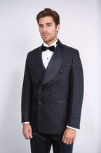 Satin Shawl Collar Patterned Double Breasted Black Men Tuxedo Suit - Wessi