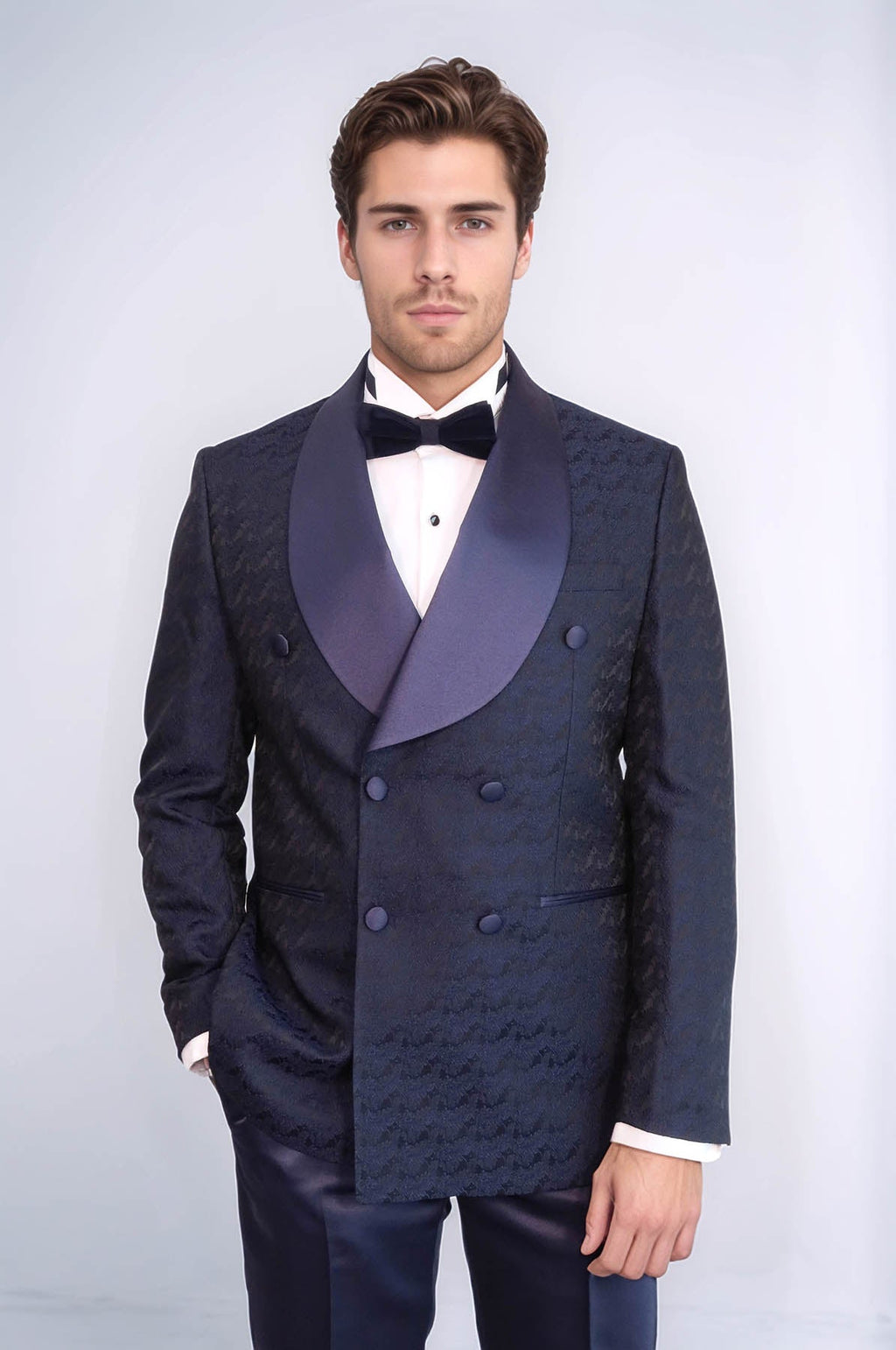 Satin Shawl Collar Patterned Double Breasted Navy Blue Men Tuxedo Suit - Wessi