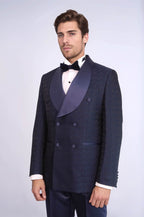 Satin Shawl Collar Patterned Double Breasted Navy Blue Men Tuxedo Suit - Wessi