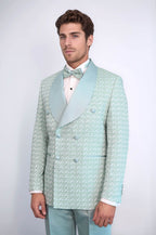 Satin Shawl Collar Patterned Double Breasted Sage Green Men Tuxedo Suit - Wessi