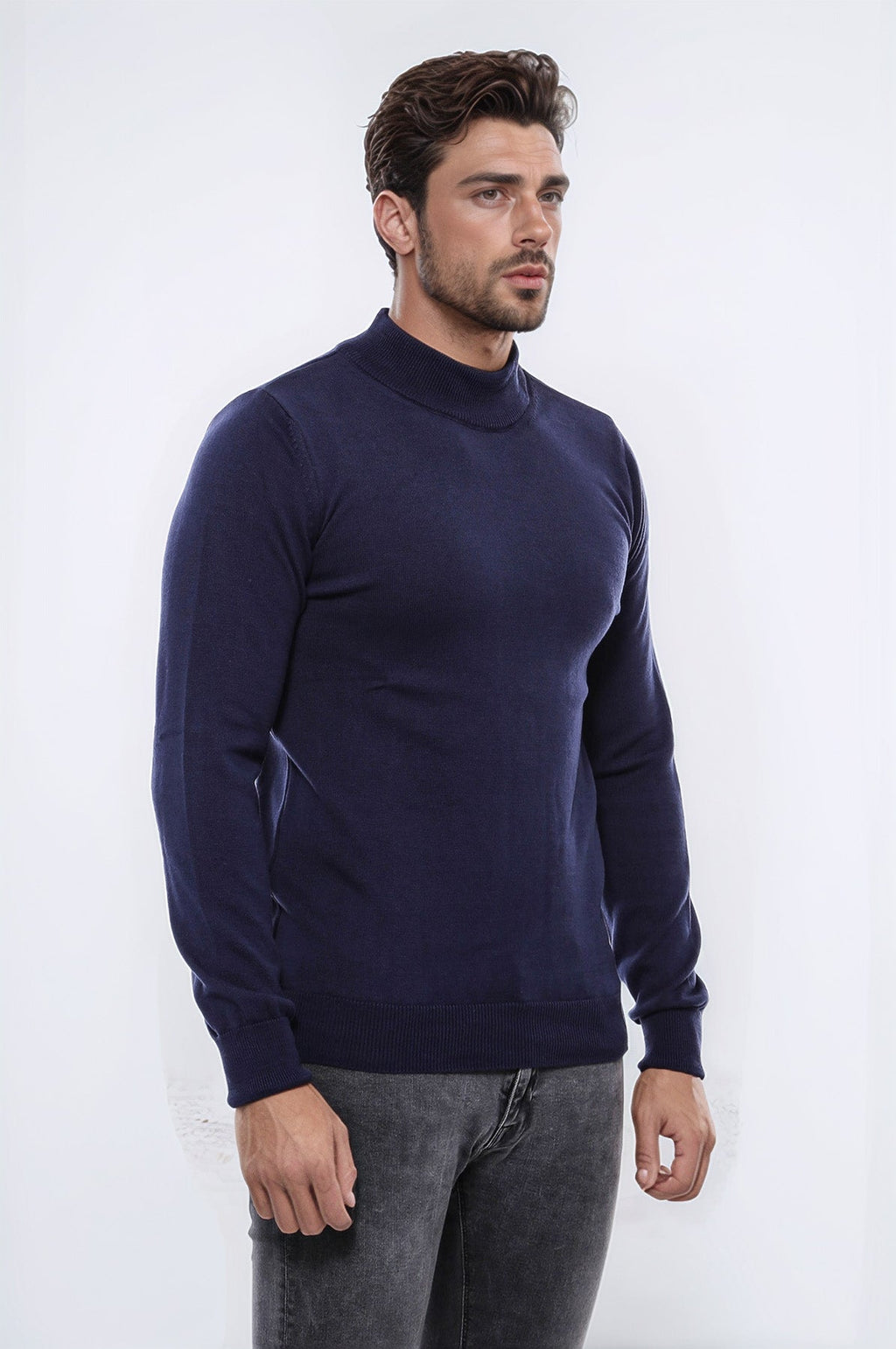 Half Turtleneck Knitwear Navy Blue Men Sweater - Wessi