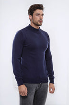 Half Turtleneck Knitwear Navy Blue Men Sweater - Wessi