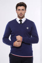 Navy Blue V Neck Slim Fit Men Sweater - Wessi