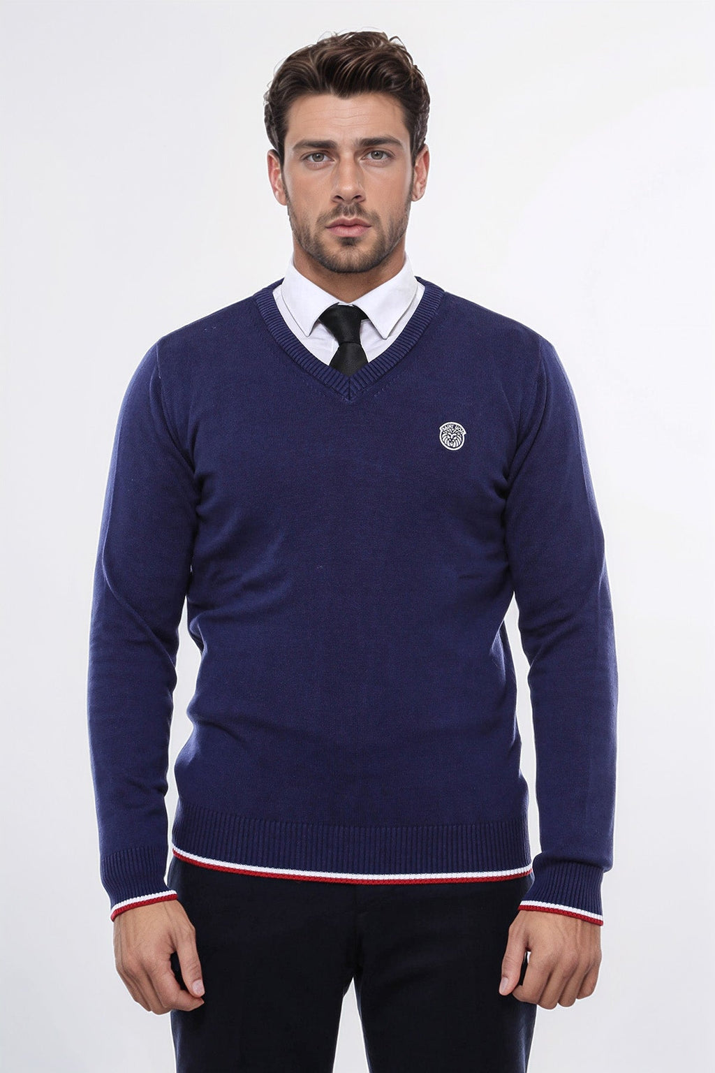 Navy Blue V Neck Slim Fit Men Sweater - Wessi