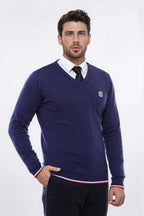 Navy Blue V Neck Slim Fit Men Sweater - Wessi