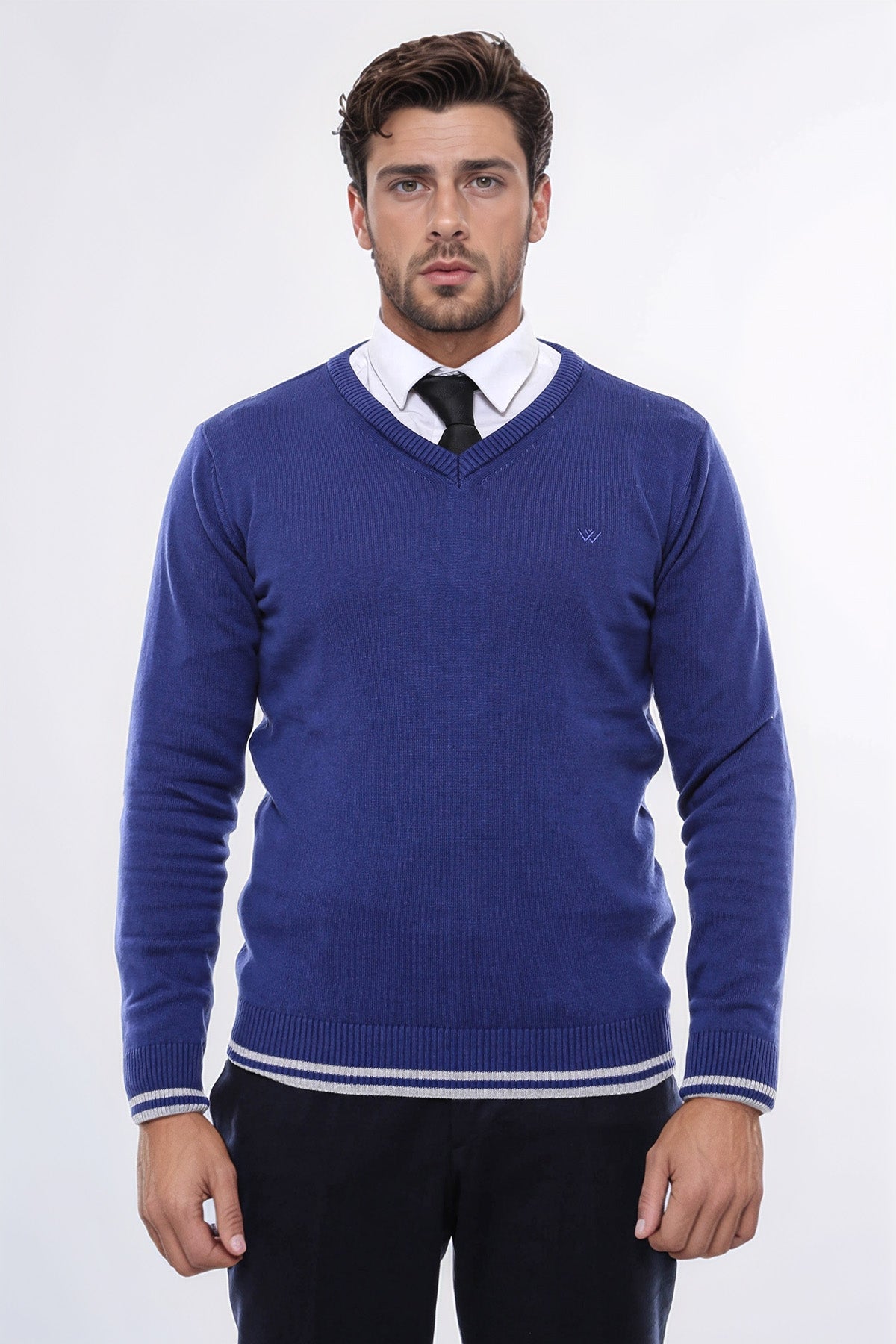 Dark Blue V Neck Slim Fit Sweater - Wessi