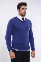 Dark Blue V Neck Slim Fit Sweater - Wessi