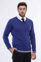 Dark Blue V Neck Slim Fit Sweater - Wessi