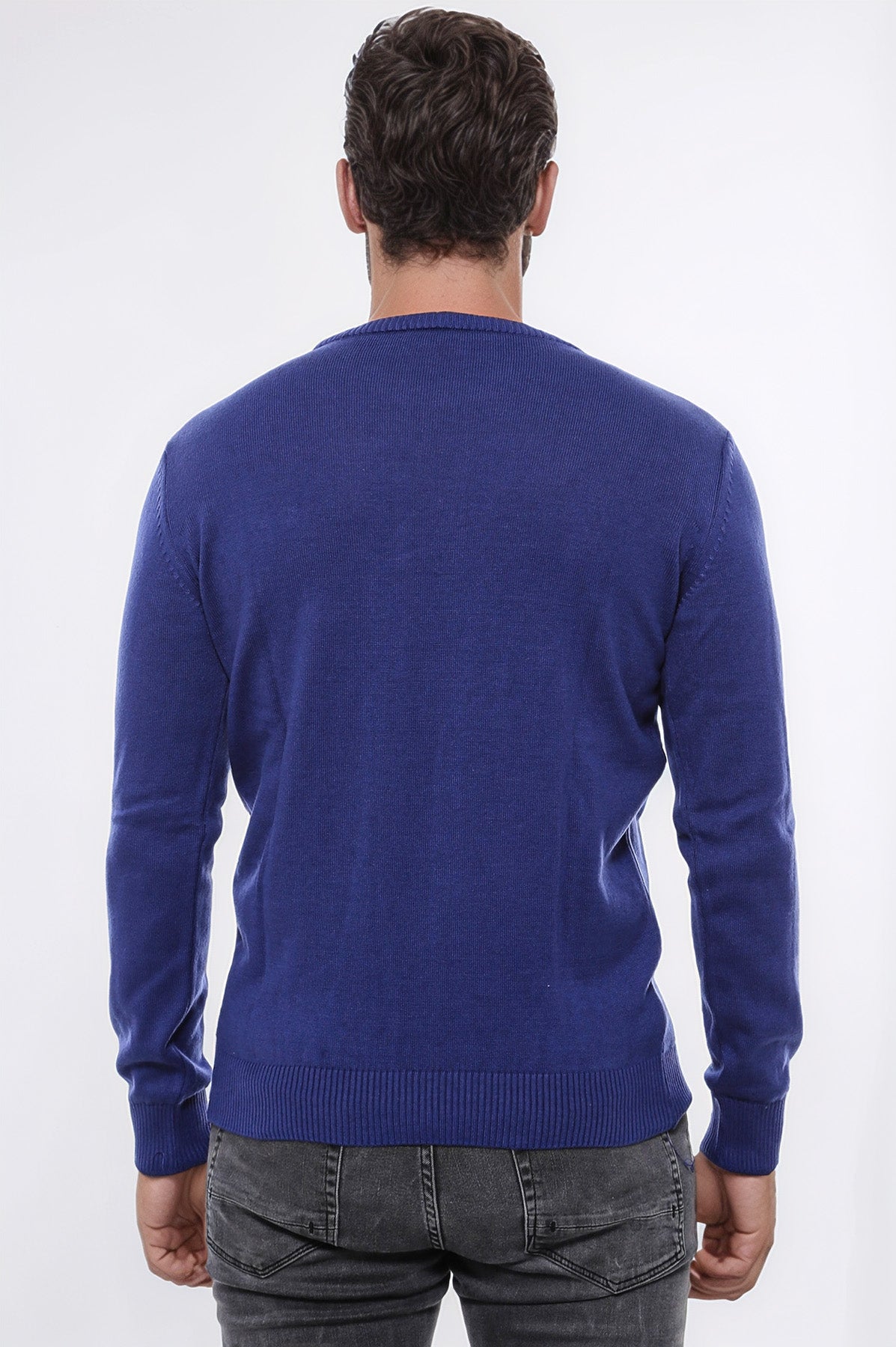 Navy Blue Crew Neck Embroidered Plain Knitwear - Wessi