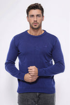 Navy Blue Crew Neck Embroidered Plain Knitwear - Wessi