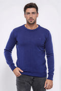 Navy Blue Crew Neck Embroidered Plain Knitwear - Wessi
