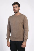 Brown Crew Neck Men Sweater - Wessi