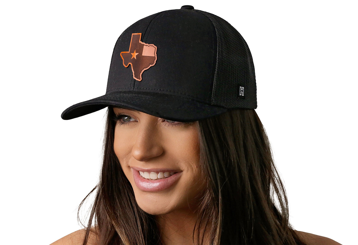 Texas Flag Trucker Hat  |  Leather State Outline TX Snapback