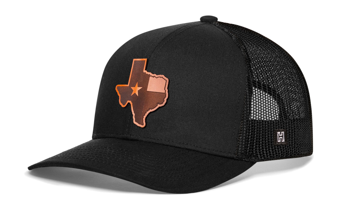 Texas Flag Trucker Hat  |  Leather State Outline TX Snapback