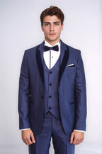 Patterned Velvet Lapel Navy Blue Men Tuxedo - Wessi