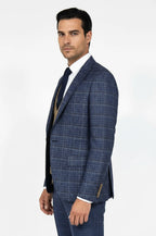 Slim Fit Checked Patterned Navy Blue Men Suit - Wessi