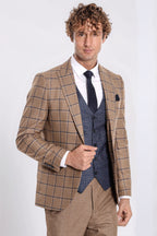 Slim Fit Checked Patterned Brown Men Suit - Wessi