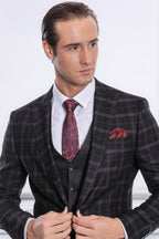 Purple Vested Slim Fit Checked Black Men Suit - Wessi