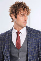 Blue Vested Slim Fit Checked Navy Blue Men Suit - Wessi