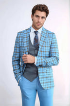 Grey Vested Slim Fit Checked Light Blue Men Suit - Wessi