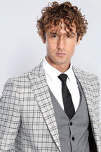 Grey Vested Slim Fit Checked Light Grey Men Suit - Wessi