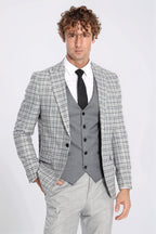 Grey Vested Slim Fit Checked Light Grey Men Suit - Wessi