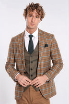 Brown Vested Slim Fit Checked Tan Men Suit - Wessi