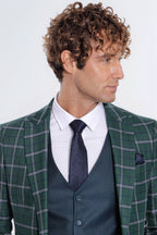 Blue Vested Slim Fit Checked Green Men Suit - Wessi