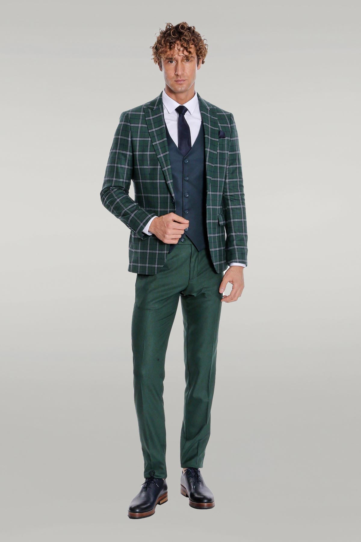 Blue Vested Slim Fit Checked Green Men Suit - Wessi