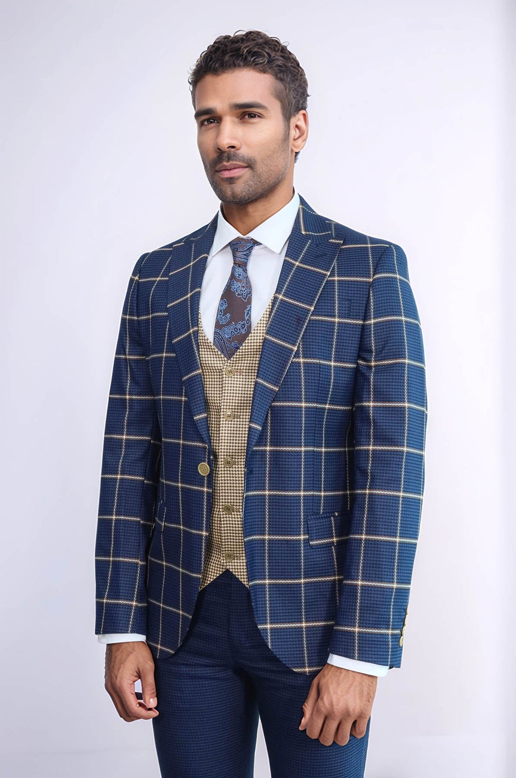 Checked Patterned Slim Fit Navy Blue Men Suit - Wessi