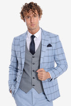 Checked Patterned Slim Fit Light Blue Men Suit - Wessi
