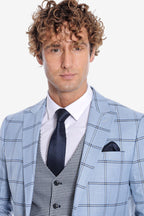 Checked Patterned Slim Fit Light Blue Men Suit - Wessi