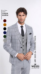 Checked Patterned Slim Fit Grey Men Suit - Wessi