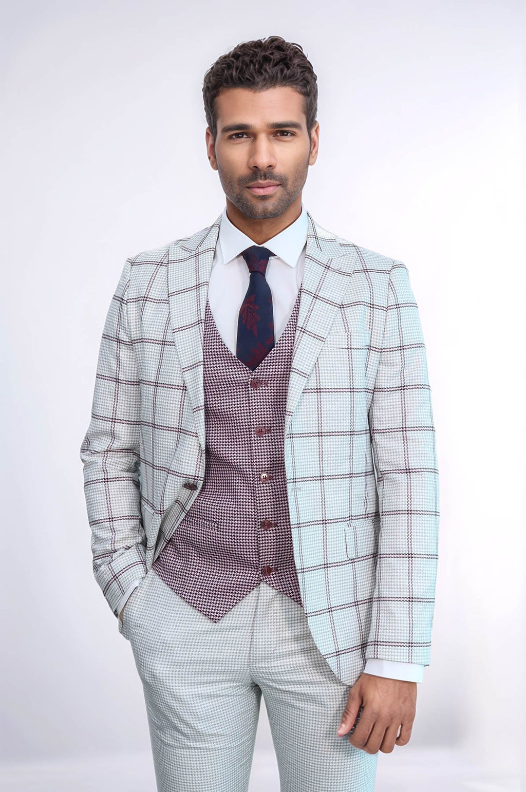 Checked Patterned Vested Light Grey Men Suit - Wessi