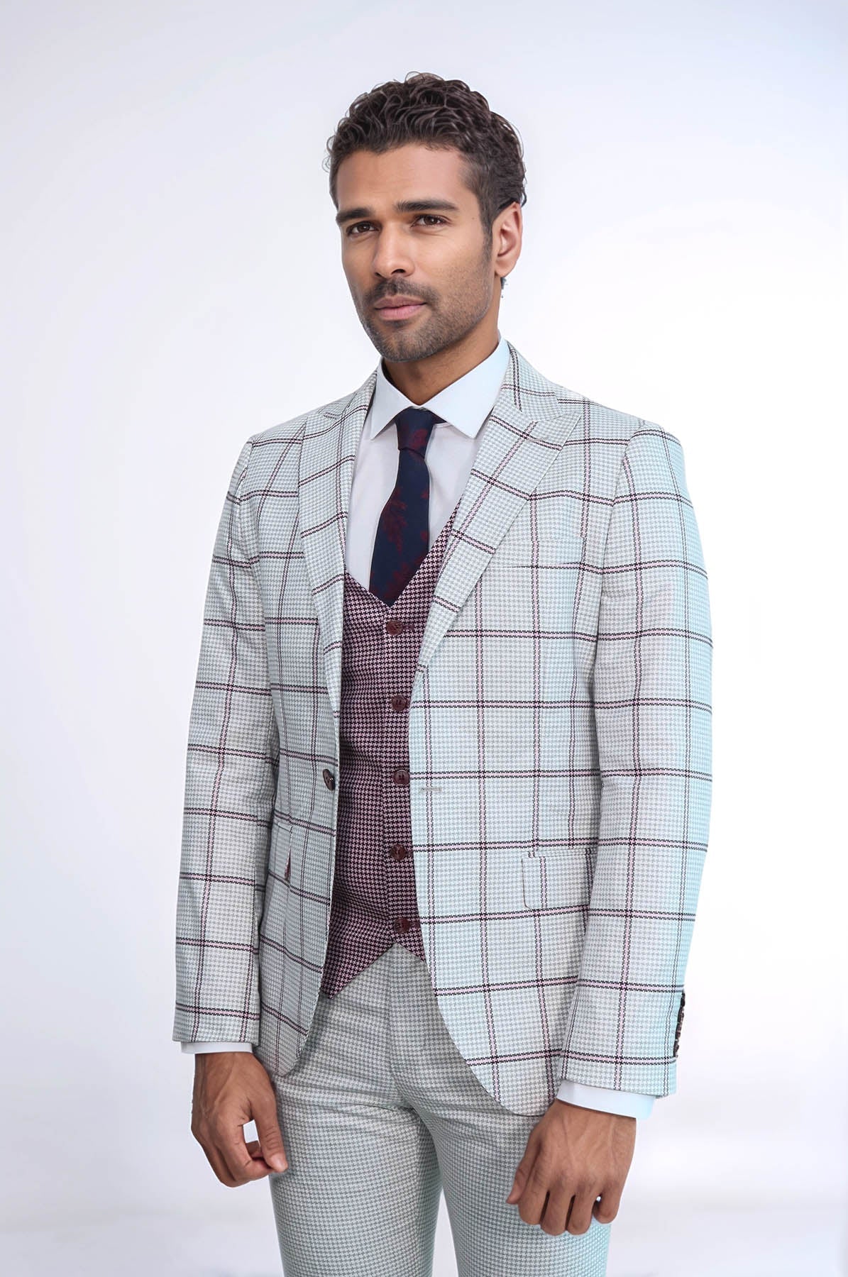 Checked Patterned Vested Light Grey Men Suit - Wessi