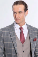 Checked Patterned Beige Vested Slim Fit Grey Men Suit - Wessi