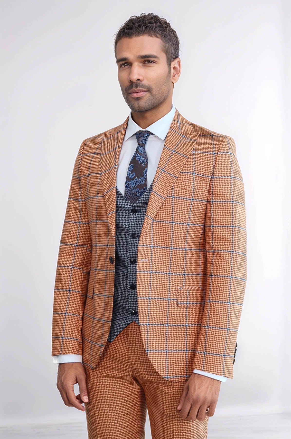 Checked Patterned Slim Fit Orange Men Suit - Wessi
