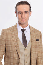 Slim Fit Checked Beige Men Suit - Wessi