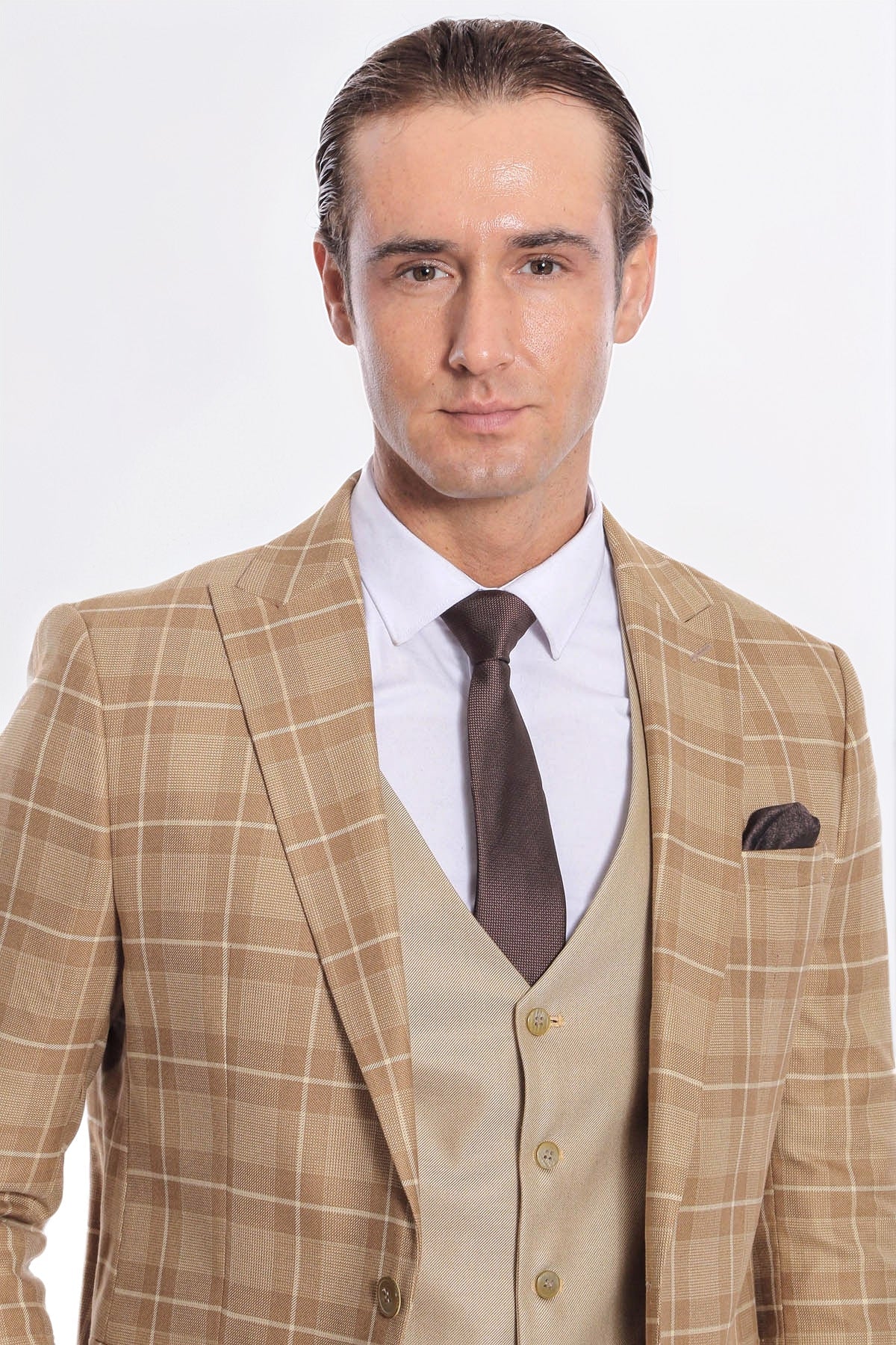 Slim Fit Checked Beige Men Suit - Wessi