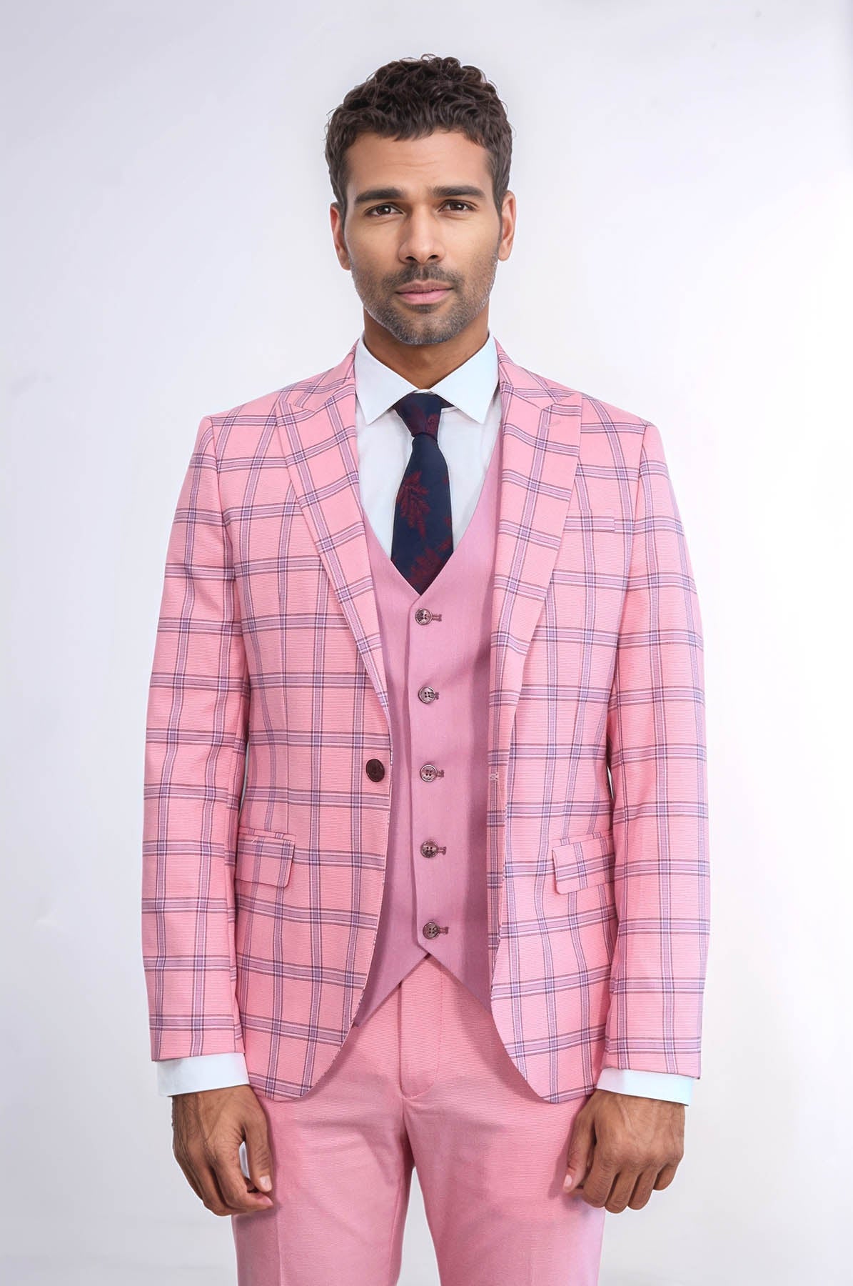 Checked Patterned Slim Fit Pink Men Suit - Wessi