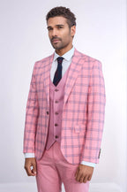 Checked Patterned Slim Fit Pink Men Suit - Wessi