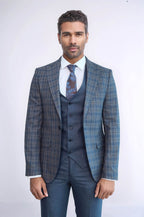 Checked Slim Fit Blue Men Suit - Wessi