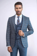 Checked Slim Fit Blue Men Suit - Wessi