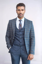 Checked Slim Fit Blue Men Suit - Wessi