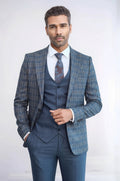 Checked Slim Fit Blue Men Suit - Wessi